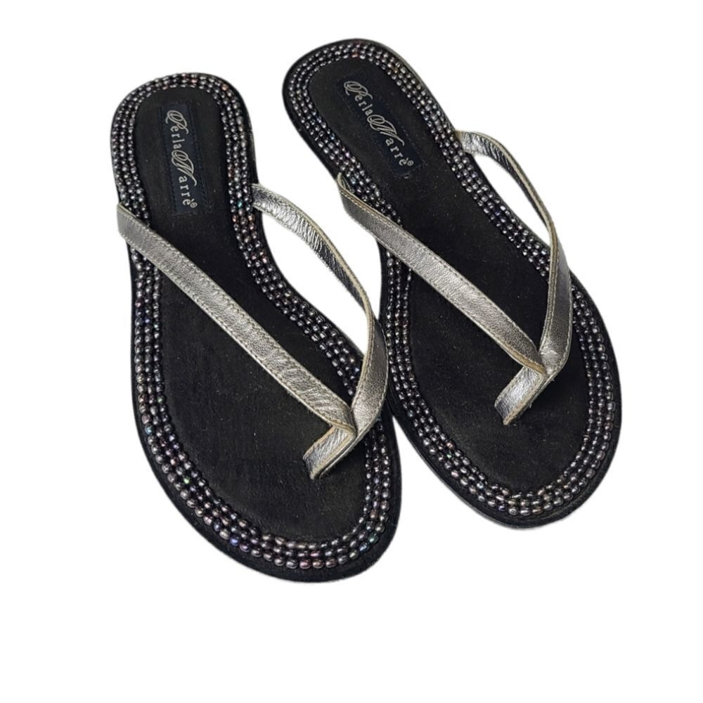Perla Marre Beaded Black Flip Flops Size 8